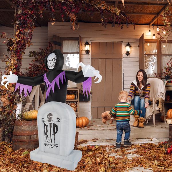 8ft Halloween Inflatable Grim Reaper with Graveyard LED String Lights Decoration - Winima