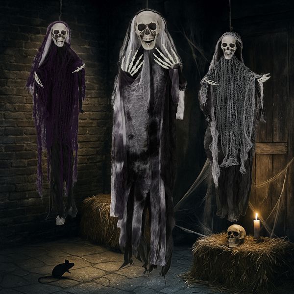 3 Pack Hanging Halloween Skeleton Ghosts Decorations, Grim Reapers for Best Halloween Outdoor Decorations - Winima
