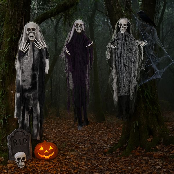 3 Pack Hanging Halloween Skeleton Ghosts Decorations, Grim Reapers for Best Halloween Outdoor Decorations - Winima