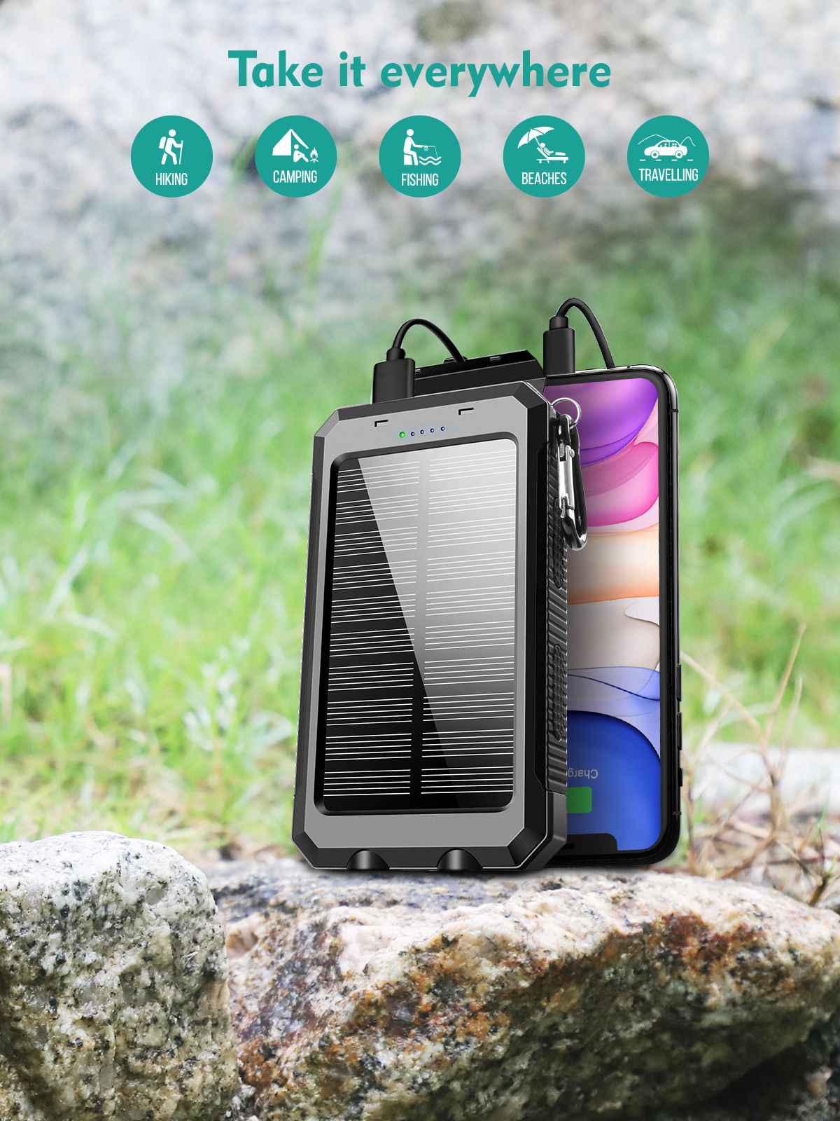 Solar Powered Portable Power Bank with USB-C Port Mobile Battery Pack for Phone - Winima
