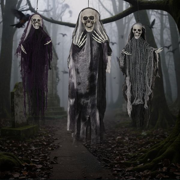 3 Pack Hanging Halloween Skeleton Ghosts Decorations, Grim Reapers for Best Halloween Outdoor Decorations - Winima