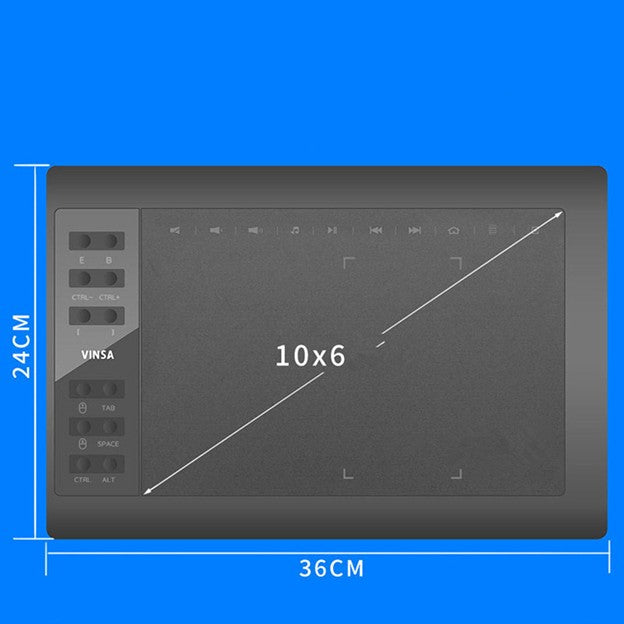 Graphical tablet with dimensions labeled on a blue background