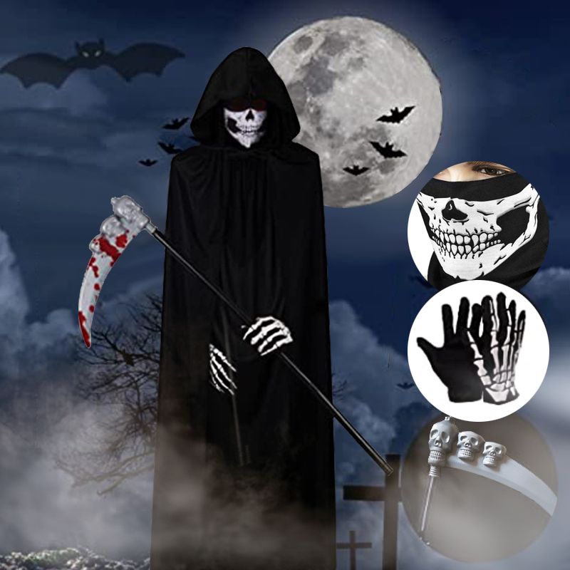 Menacing Grim Reaper Costume Set for Halloween - Black Cloak, Scythe, and Accessories - Winima