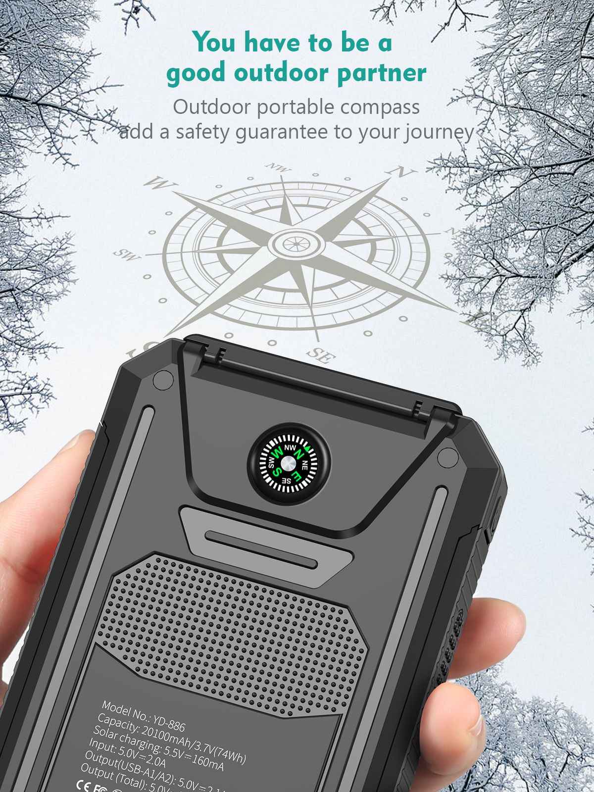 Solar Powered Portable Power Bank with USB-C Port Mobile Battery Pack for Phone - Winima