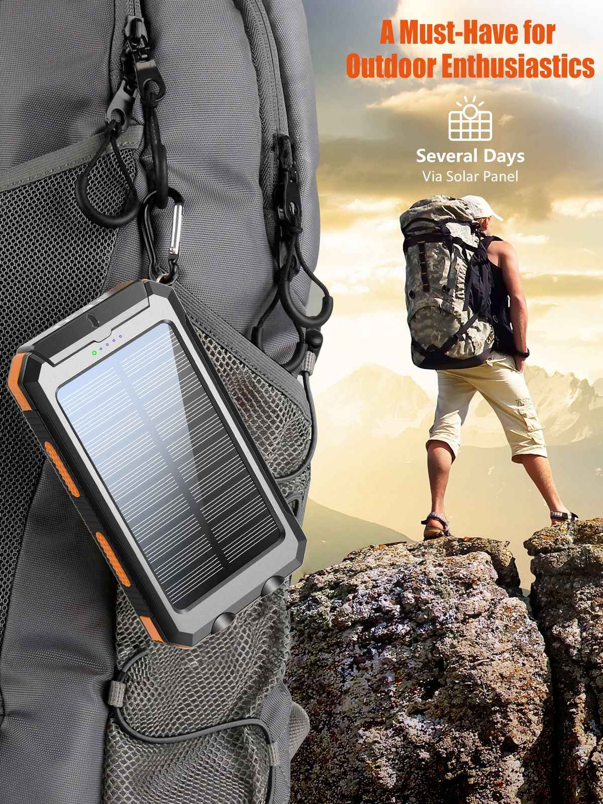 Solar Powered Portable Power Bank with USB-C Port Mobile Battery Pack for Phone - Winima