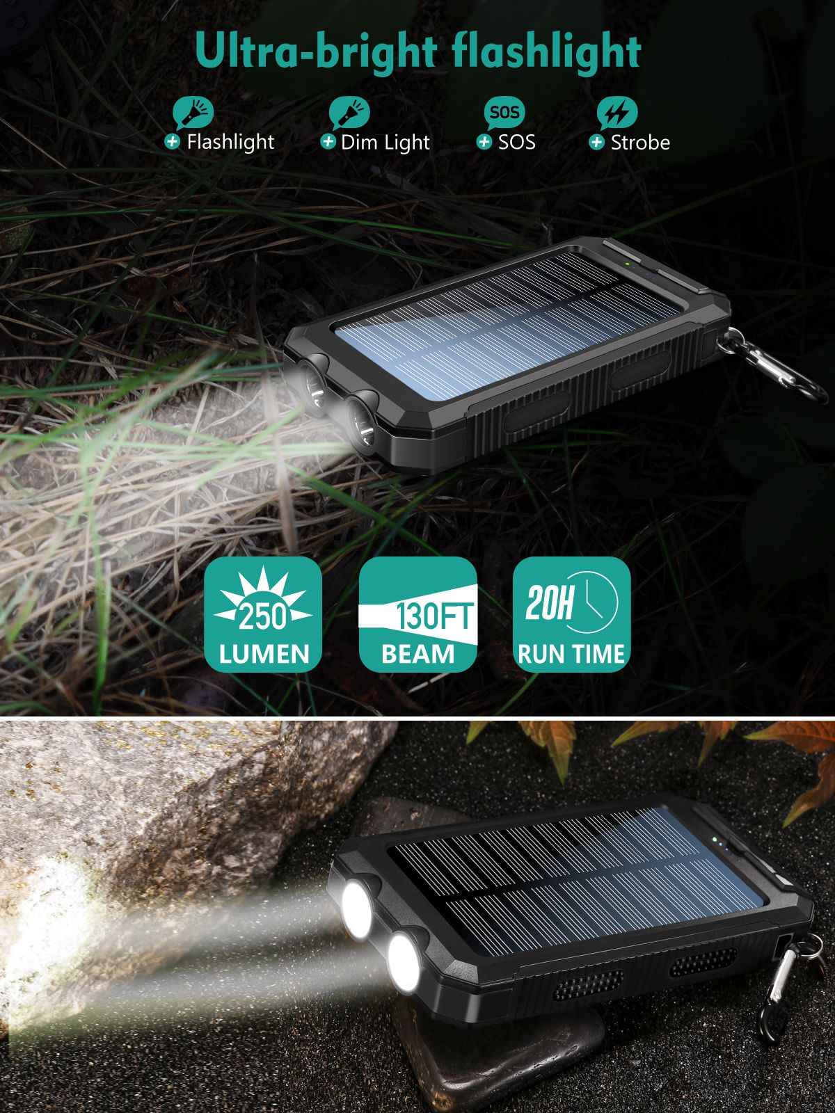 Solar Powered Portable Power Bank with USB-C Port Mobile Battery Pack for Phone - Winima