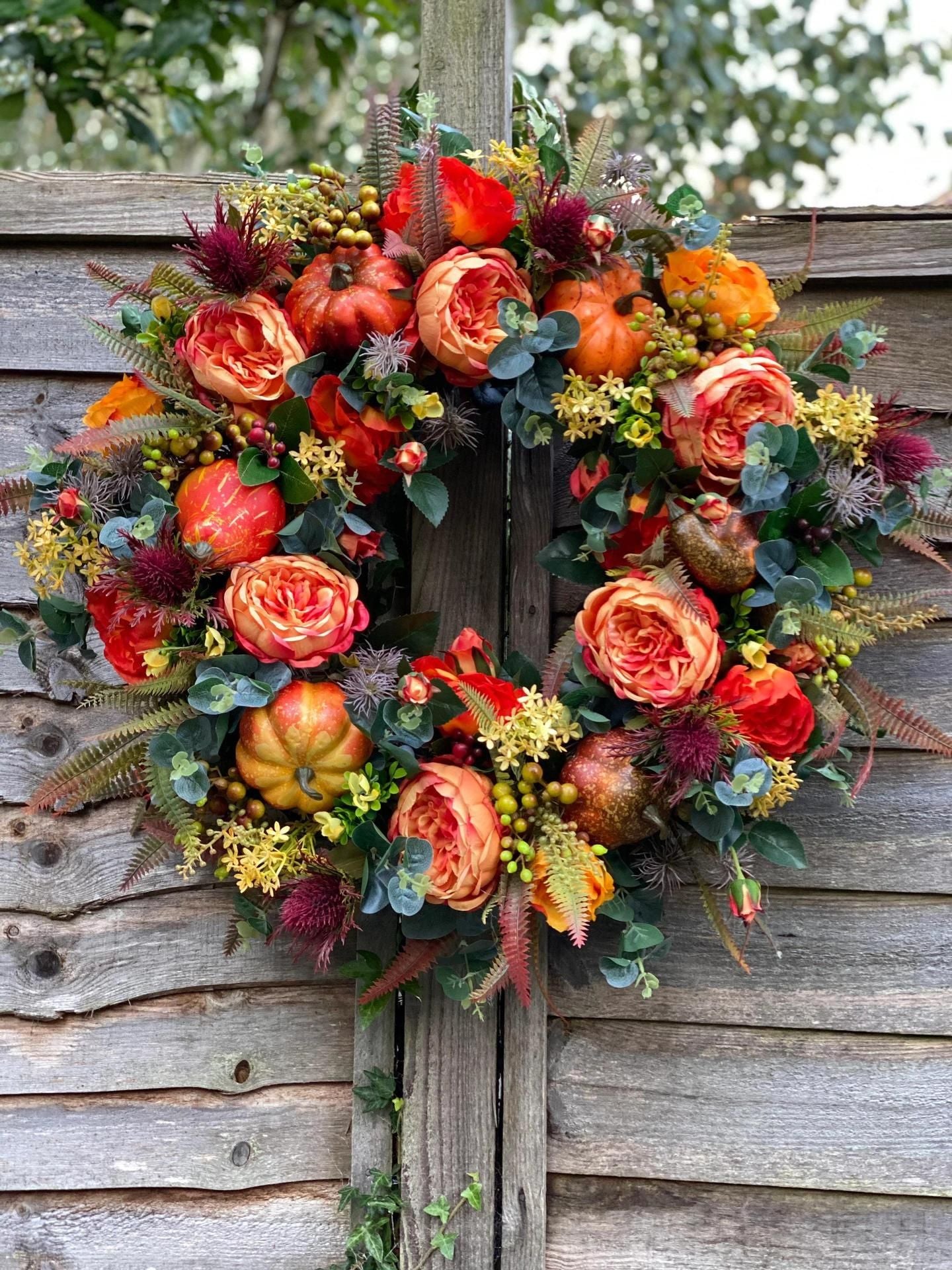 Autumn Elegance Peony and Pumpkin Wreath - Seasonal Decor for Front Door - Winima