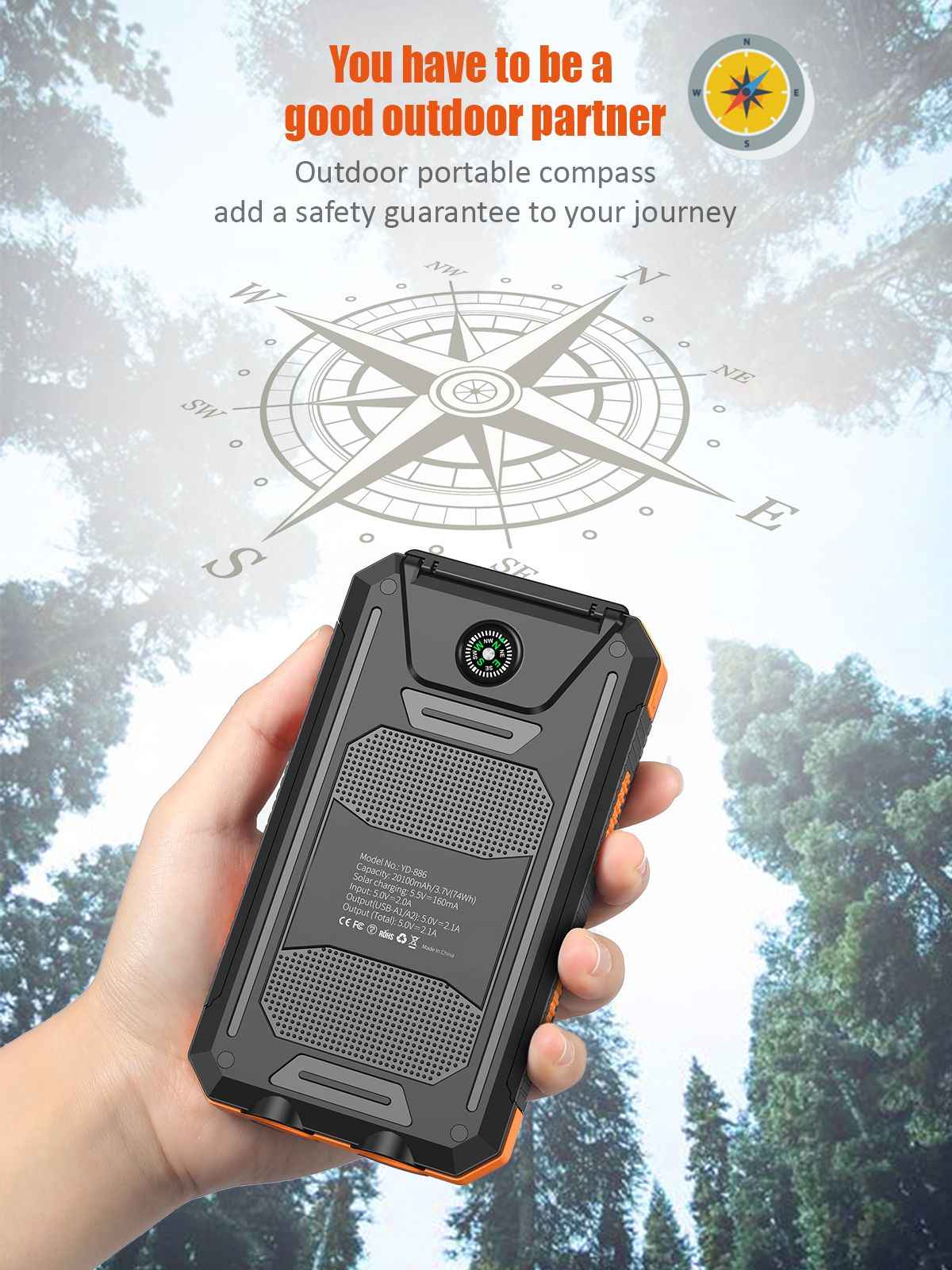 Solar Powered Portable Power Bank with USB-C Port Mobile Battery Pack for Phone - Winima