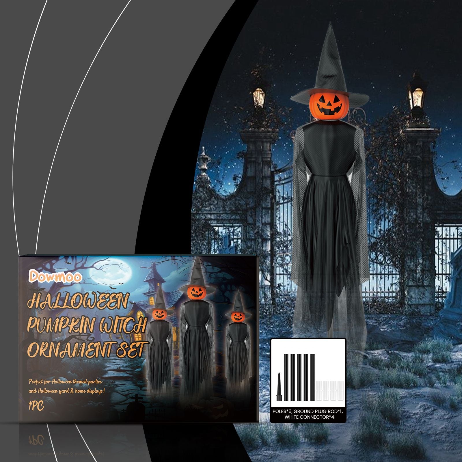 Spooktacular Light-Up Pumpkin Witch and Ghost Yard Decoration Set - Winima