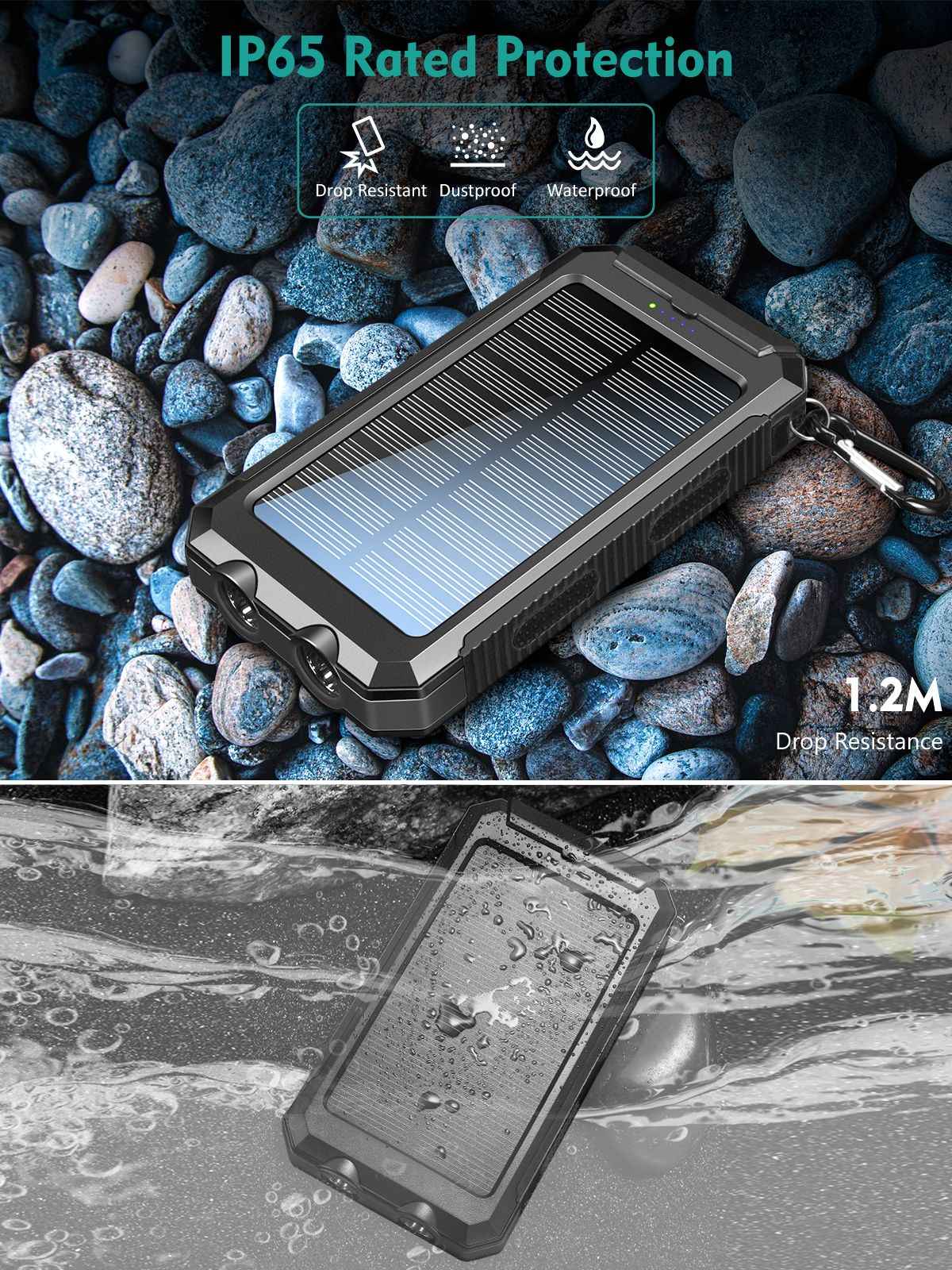 Solar Powered Portable Power Bank with USB-C Port Mobile Battery Pack for Phone - Winima