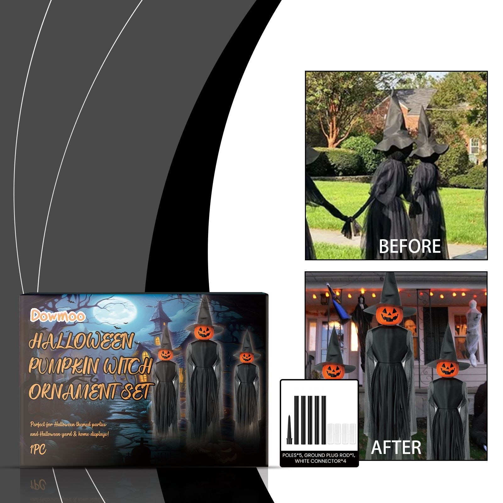 Spooktacular Light-Up Pumpkin Witch and Ghost Yard Decoration Set - Winima