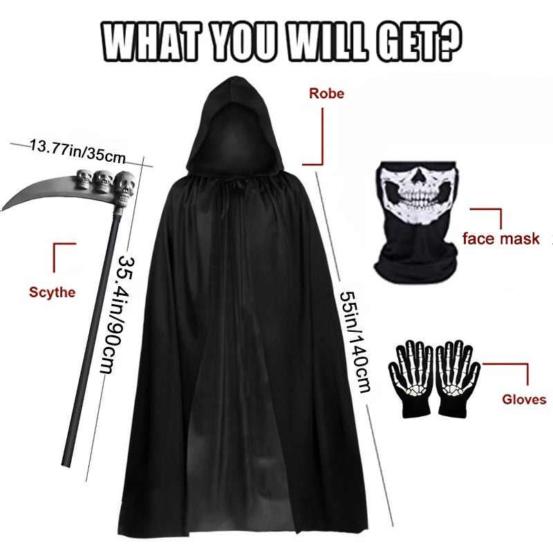 Menacing Grim Reaper Costume Set for Halloween - Black Cloak, Scythe, and Accessories - Winima