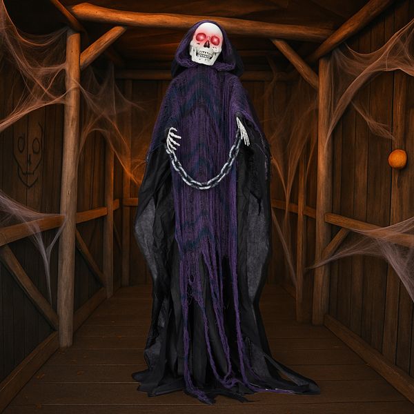 Life-Size Grim Reaper Animatronic for Halloween Outdoor Decoration with Chains & Sound Effects - Winima