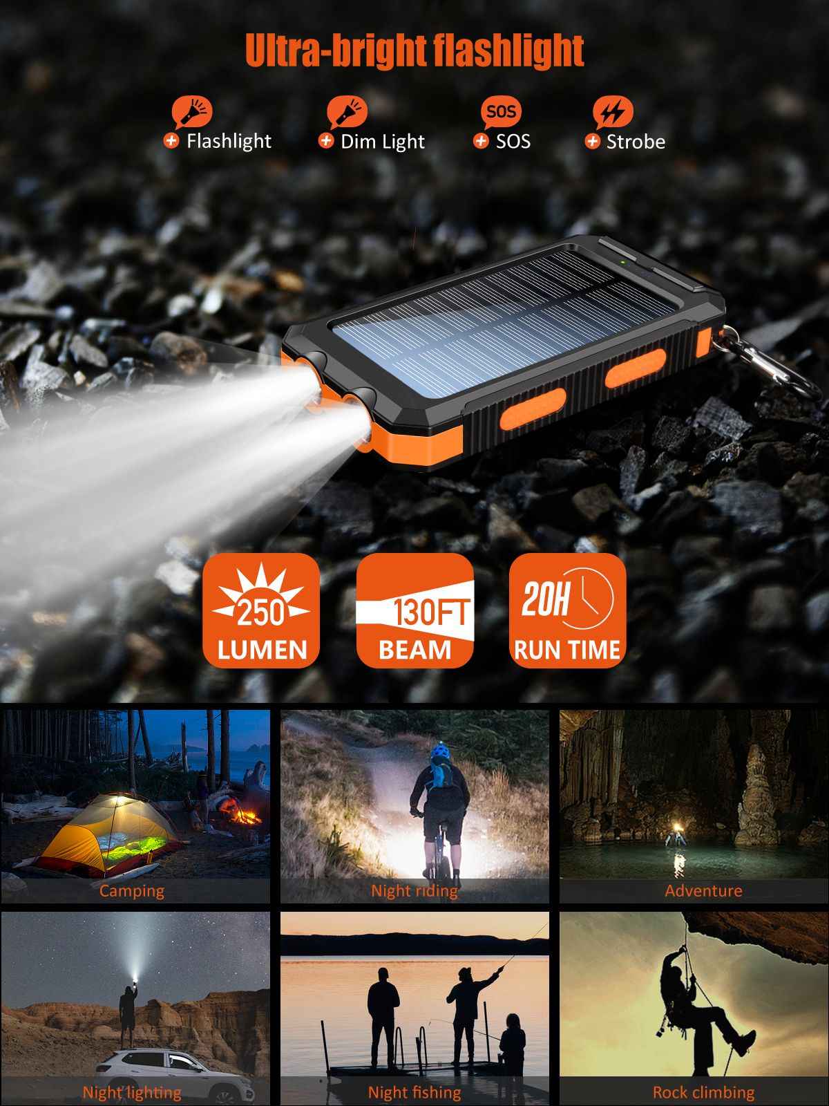 Solar Powered Portable Power Bank with USB-C Port Mobile Battery Pack for Phone - Winima