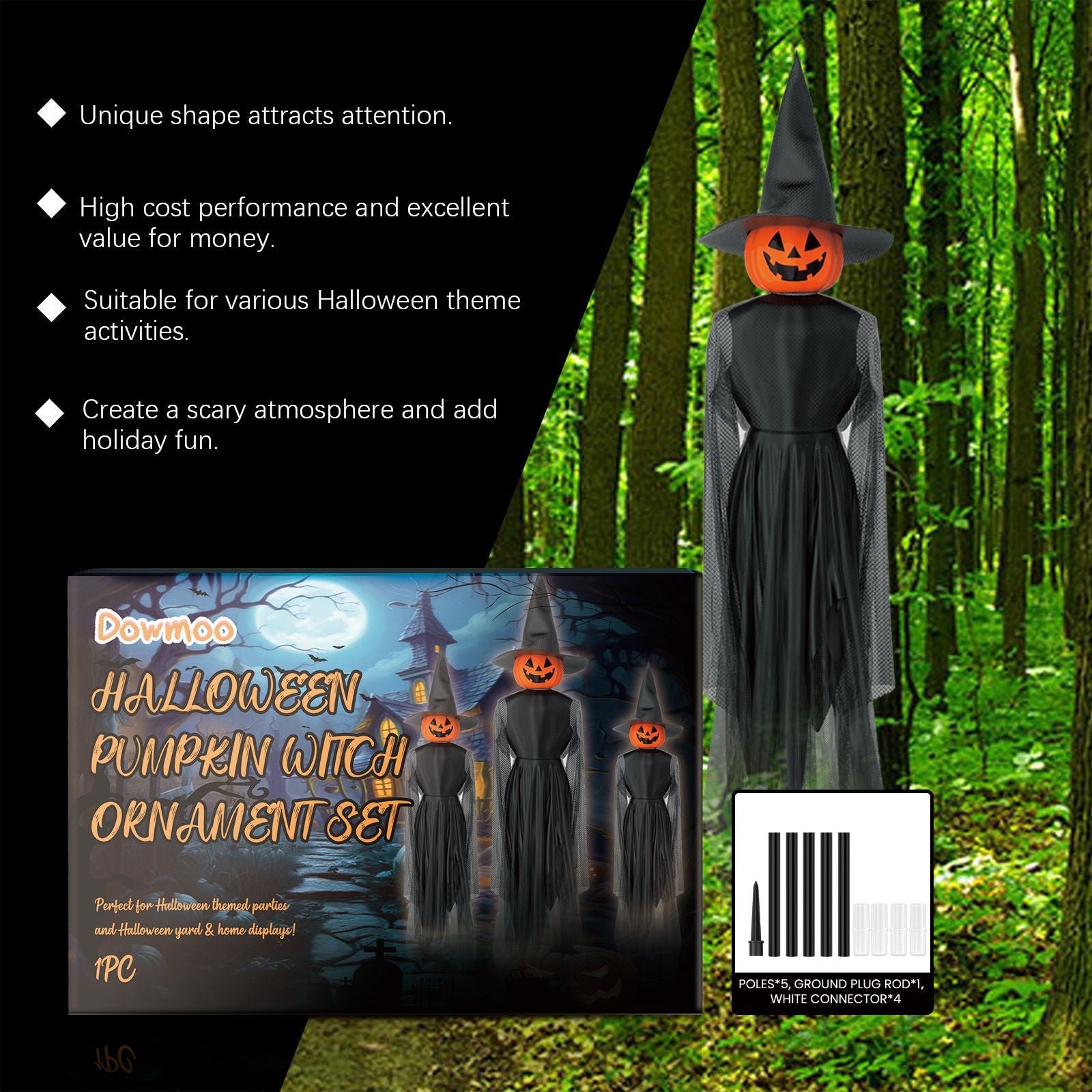 Spooktacular Light-Up Pumpkin Witch and Ghost Yard Decoration Set - Winima