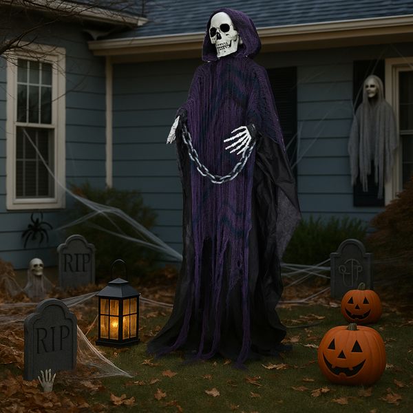 Life-Size Grim Reaper Animatronic for Halloween Outdoor Decoration with Chains & Sound Effects - Winima