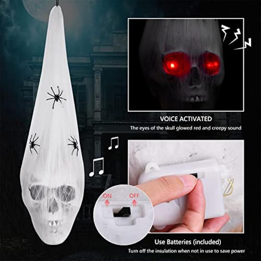 Spooky Voice-Activated Halloween Skeleton Decor with Red LED Eyes & Fake Spider - Winima