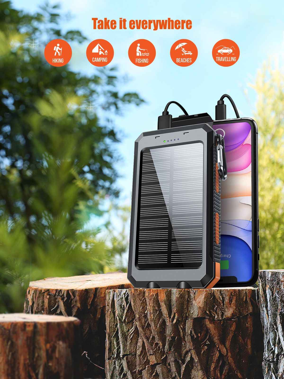 Solar Powered Portable Power Bank with USB-C Port Mobile Battery Pack for Phone - Winima