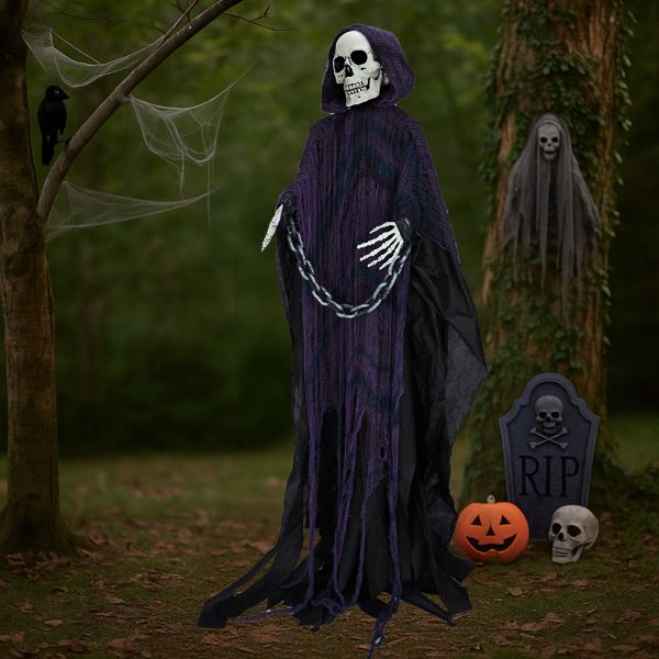 Life-Size Grim Reaper Animatronic for Halloween Outdoor Decoration with Chains & Sound Effects - Winima
