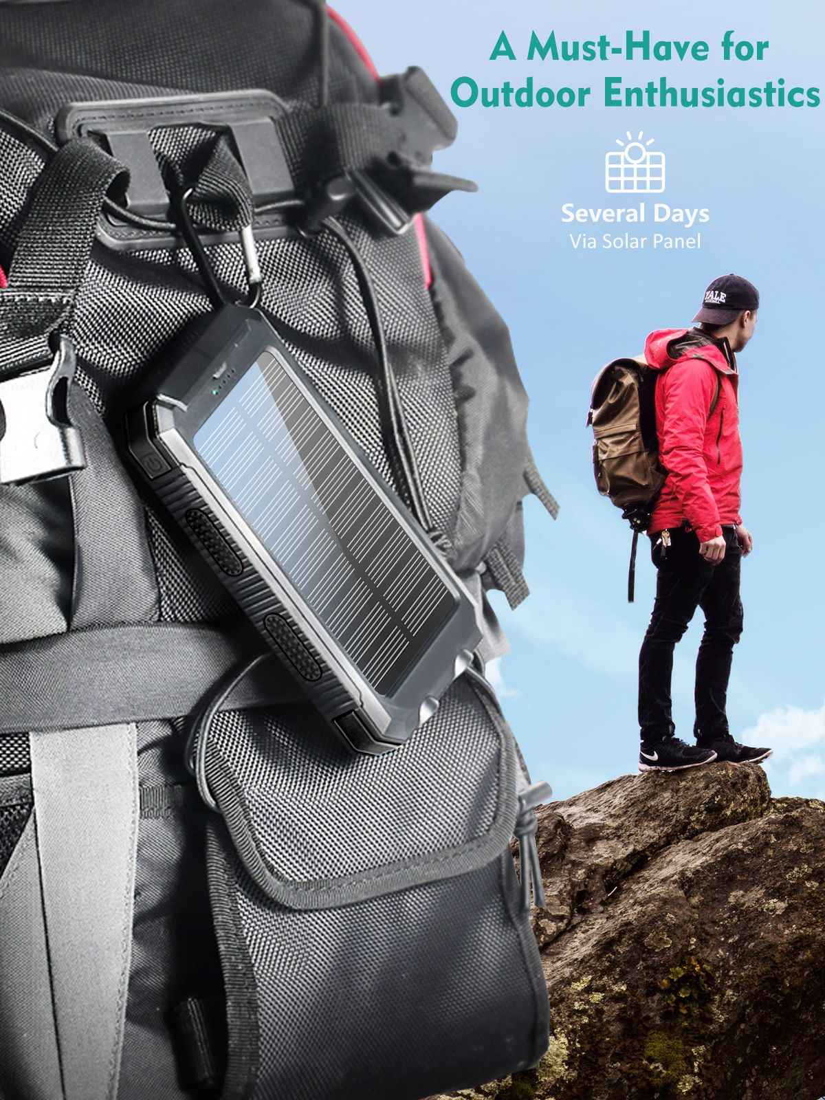Solar Powered Portable Power Bank with USB-C Port Mobile Battery Pack for Phone - Winima