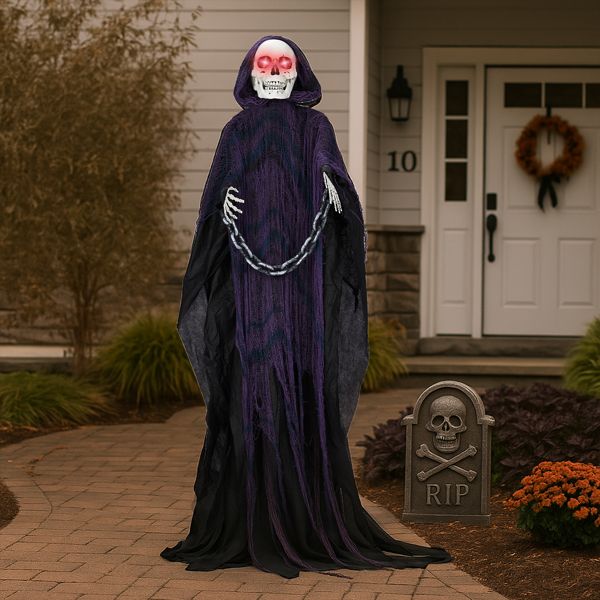 Life-Size Grim Reaper Animatronic for Halloween Outdoor Decoration with Chains & Sound Effects - Winima