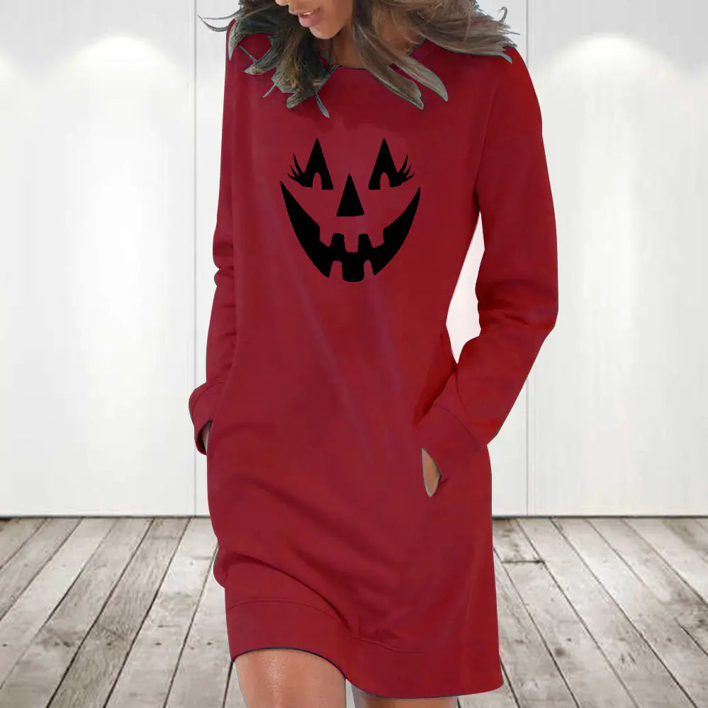 Halloween Pumpkin Casual Long Sleeve Dress - Winima