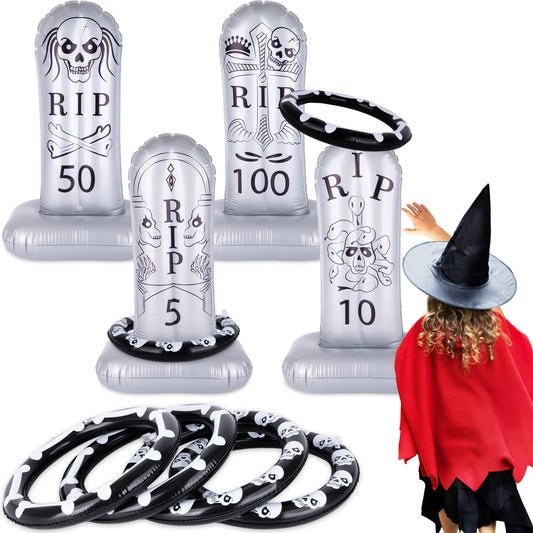 Tombstone Halloween Ring Toss - Set of 4 - Gravestone Ring Toss Halloween Game for Kids with Weighted Bottoms - Doubles as Inflatable Halloween Decor - Halloween Toss Games - Winima